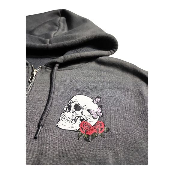 Girl's Large Gray Zip-Up Hoodie with Skull Design Allover Back Print Streetwear - Picture 2 of 8